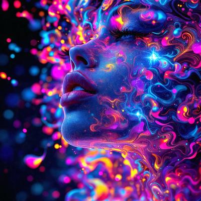 The primary subject of the image is a woman with a colorful, swirling background. The setting is a space with a colorful, swirling background, which adds to the overall atmosphere. The visual style of the image is digital art, as it appears to be a digital illustration or painting. The colors and mood of the image are vibrant and lively, with the woman's face and the swirling background being the main focus of the image.